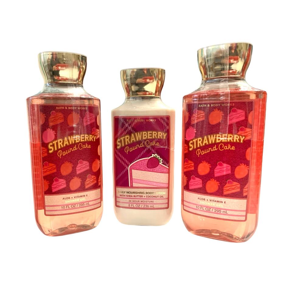 Bath and Body Works Strawberry Pound‎ Cake 3 Pieces  2  Shower Gel 1 Body Lotion